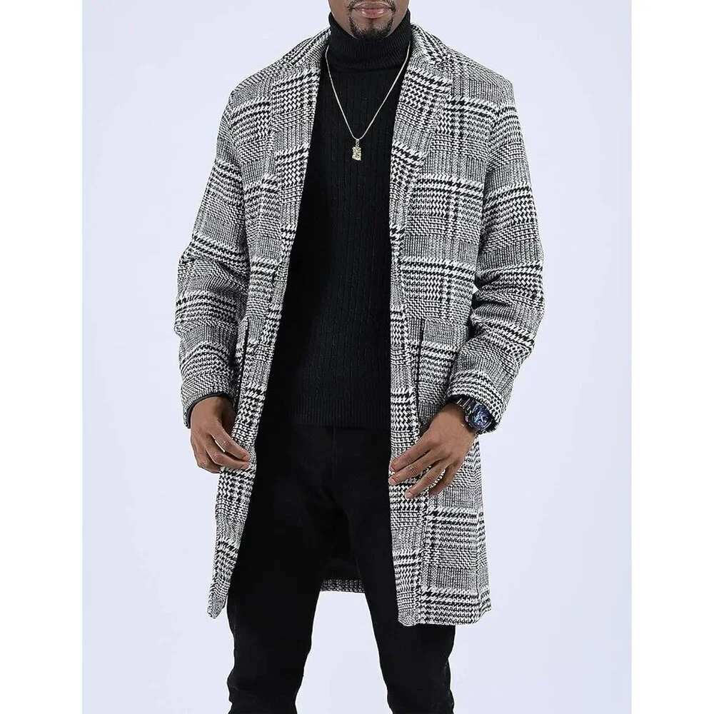 Men's Black / White Wool Blend Pea Coat Notched Collar Single Breasted Overcoat